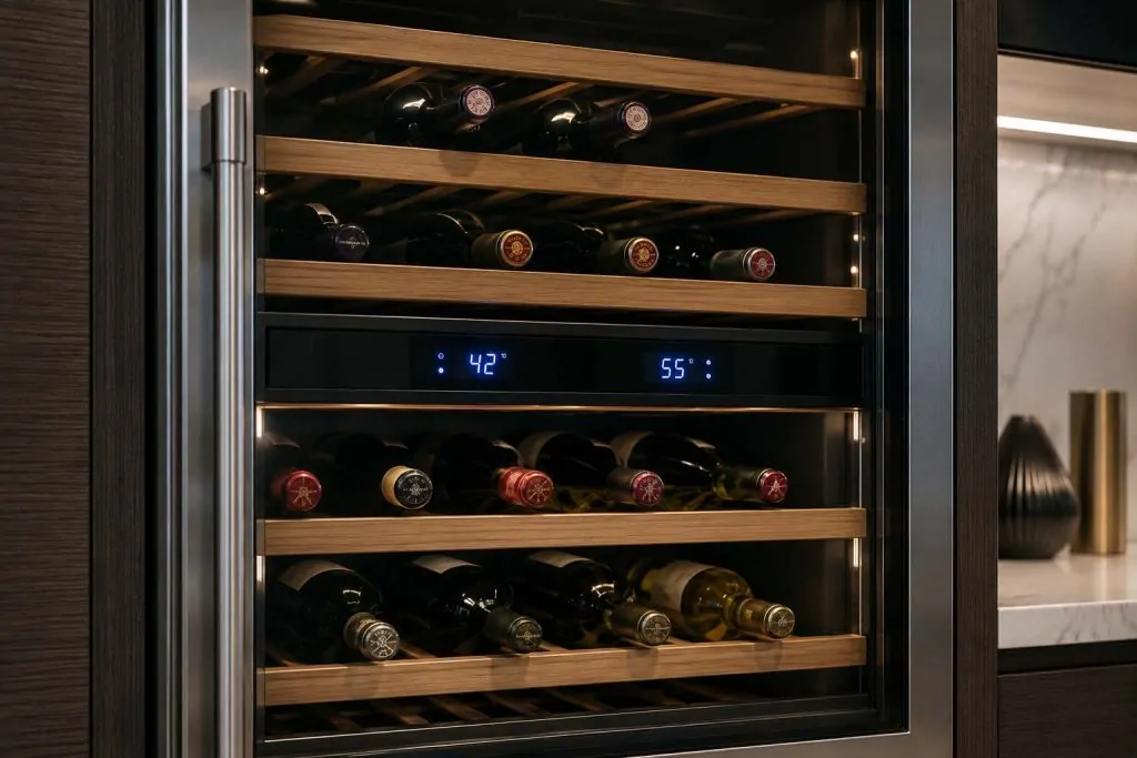 Sub-Zero dual-zone wine cooler with digital temperature display showing both zones