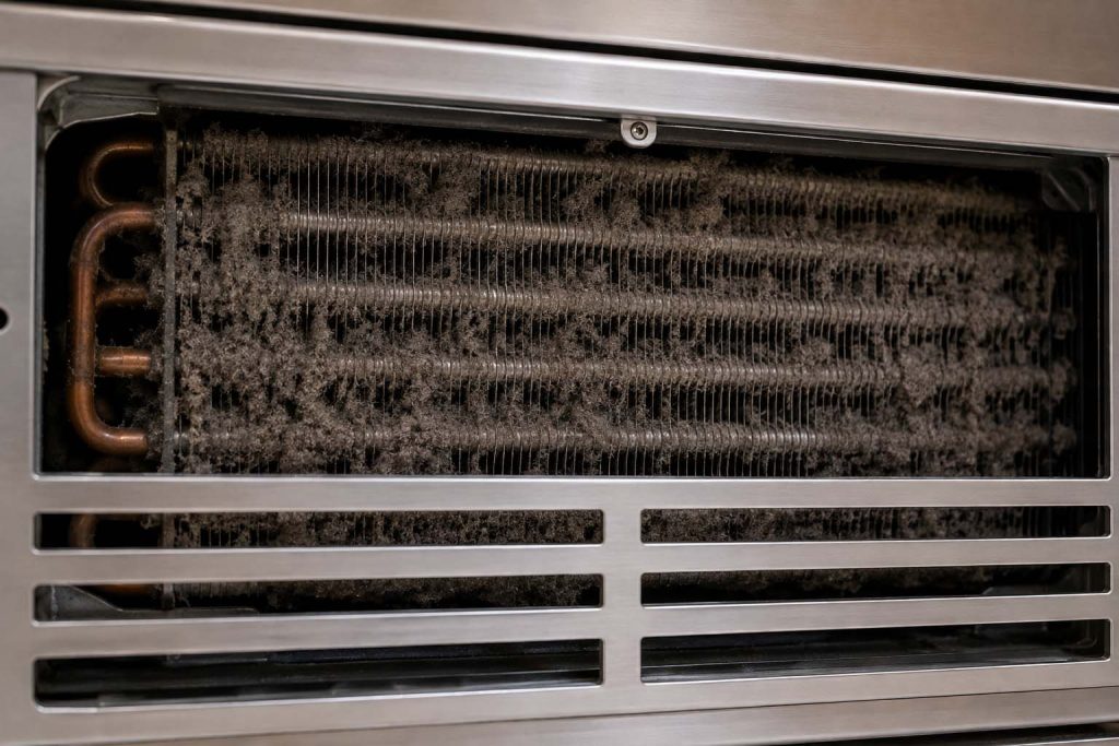Close-up of a dust-clogged Sub-Zero condenser coil behind the upper grille