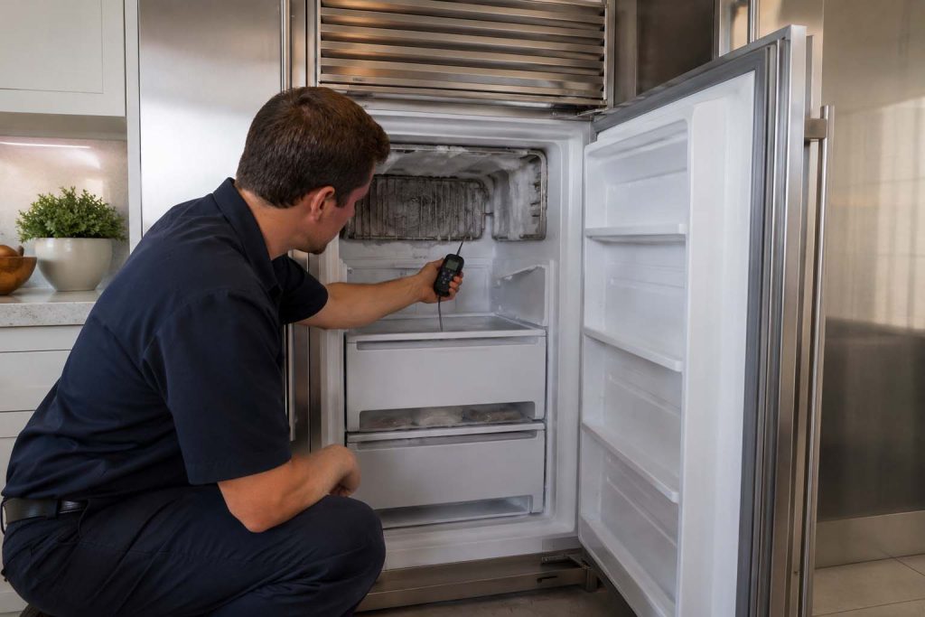 Certified technician checking a Sub-Zero built-in freezer that is not cold enough