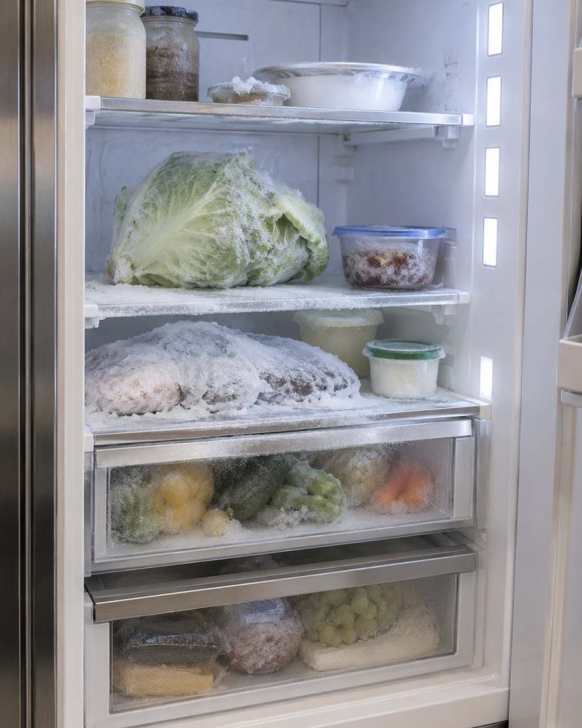Sub-Zero built-in refrigerator with frozen lettuce and ice-crusted food in the fresh-food section