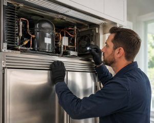 Technician checking the top compressor compartment of a built-in Sub-Zero refrigerator during a repair visit